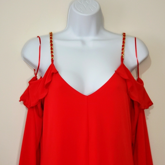 Michael Kors Ladies Cocktail Evening Party Dress Size S Red Gold Cold Shoulders - Picture 4 of 7